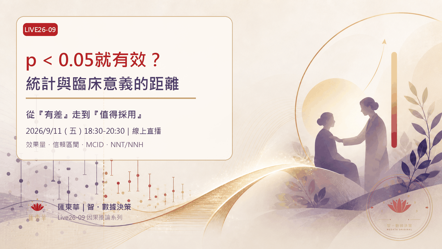 Live26-09 課程主視覺：p < 0.05就有效？統計與臨床意義的距離，2026/9/11（五）18:30-20:30 線上直播