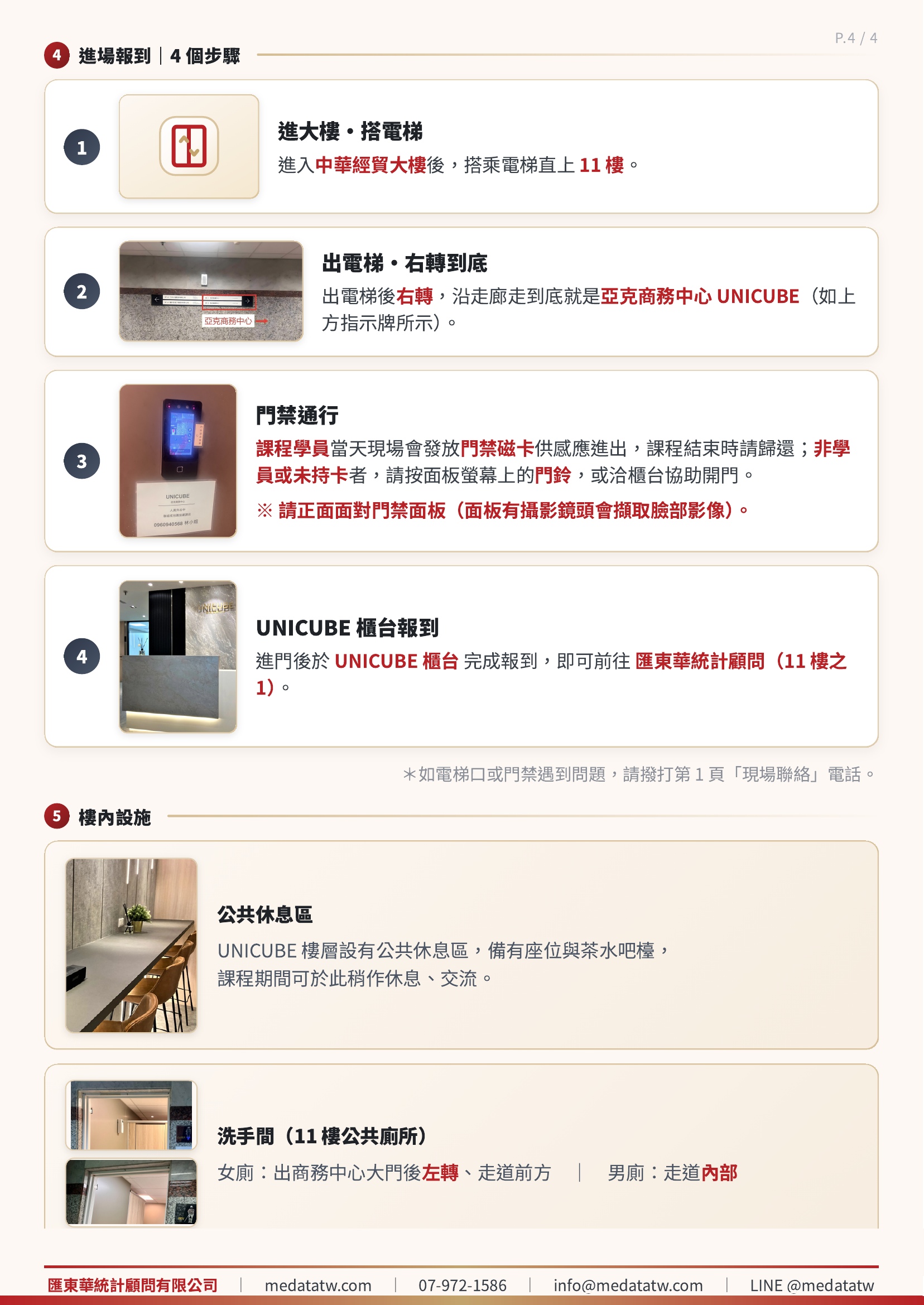 到匯東華交通與報到指引 第4頁：進場報到4個步驟與樓內設施