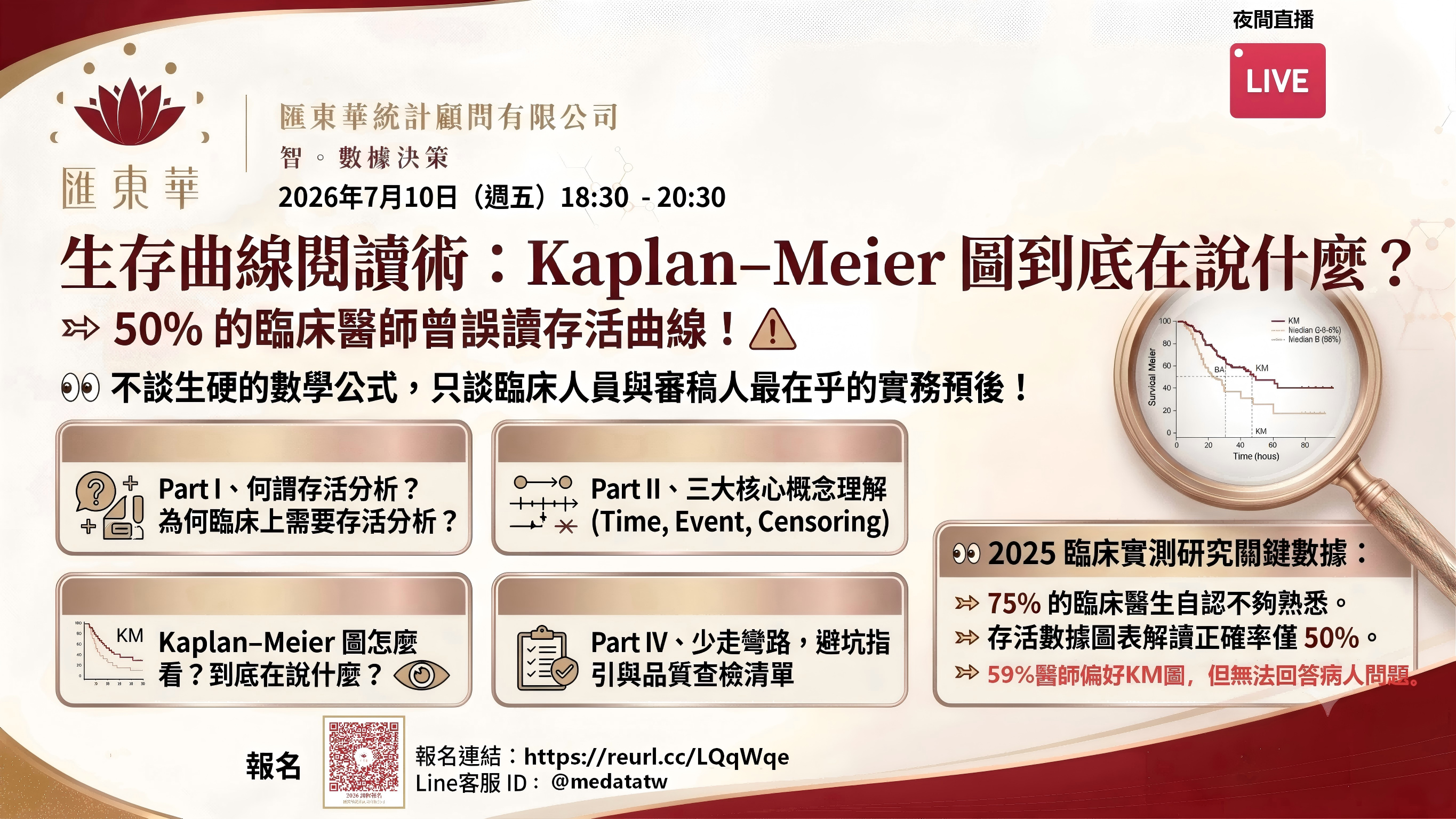 匯東華 Live26-07 存活曲線閱讀術：Kaplan–Meier 圖到底在說什麼？（2026/7/10 夜間直播）